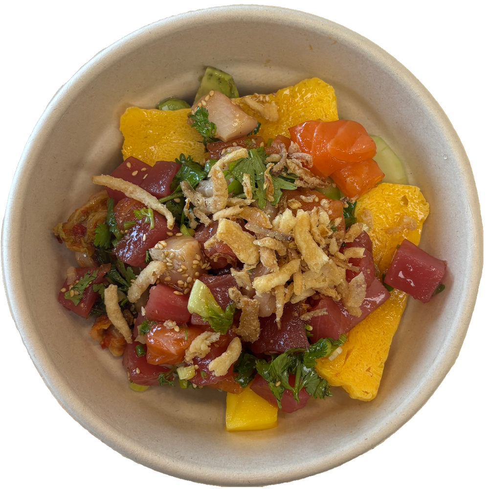 Tuna and salmon poke bowl with tamagoyaki at Poke CO 2016 Bowl Poke Bowl Restaurant in Bristol