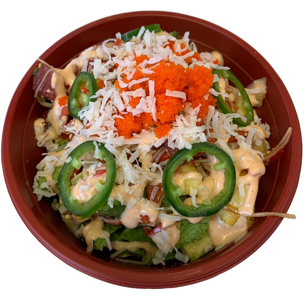 Spicy tuna poke bowl with jalapeño, tobiko, and coconut flakes at Poke CO 2016 Bowl Poke Bowl Restaurant in Bristol